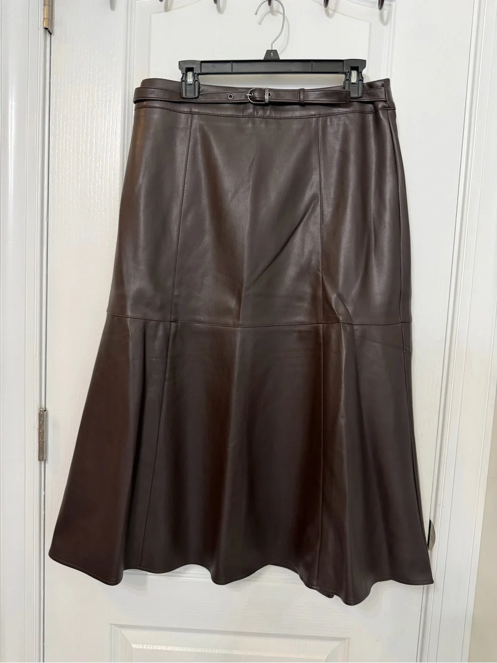 Women's Brown Faux Leather A-Line Skirt with Belt